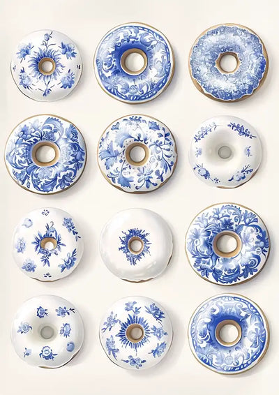 Twelve Donuts With Delft Blue Pattern Playful Ceramic Canvas Painting
