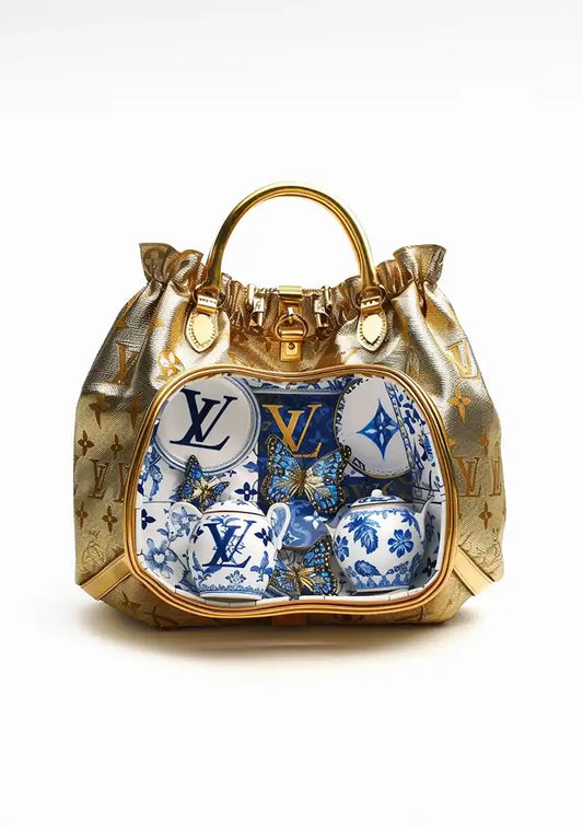 Gouden tas met porseleinen kopjes canvas schilderij in blauw en wit