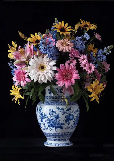 Wesoły bukiet kwiatów w niebieskim wazonie Delft Gerbera ze słonecznikiem na płótnie