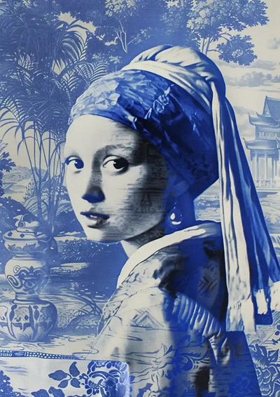 Girl With a Pearl Earring Delft Blue Portrait Classic Dutch Canvas Painting