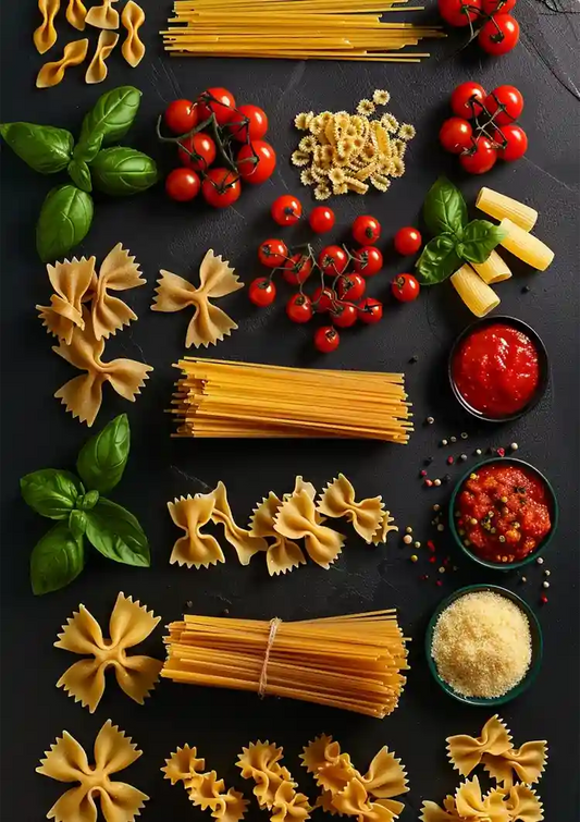 Spaghetti z pomidorem obraz na płótnie w czerwieni i zieleni, kulinarny klimat