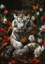 Weißer Tiger Juwelenkrone Blumen Schmetterlinge Majestätisches Porträt Leinwandbild