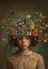 Mädchen mit Blumenkranz und Schmetterlingen Verträumtes Naturporträt Leinwandbild