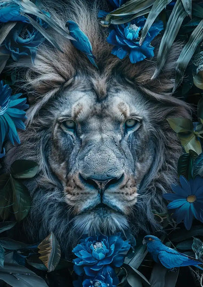 Majestueuze Leeuw Blauwe Bloemen Natuur Portret Canvas Schilderij