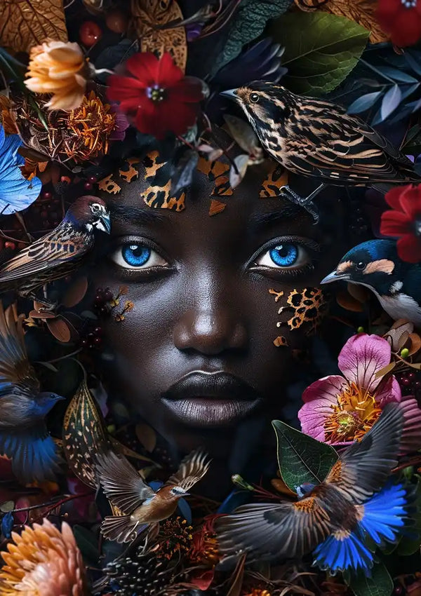 Blauwe Ogen Donker Portret Kleurrijke Bloemen Vogels Natuur Schilderij