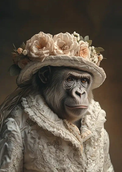 Chimpansee Dame Victoriaanse Jurk Bloemenhoed Roze Elegant Portret Canvas Schilderij