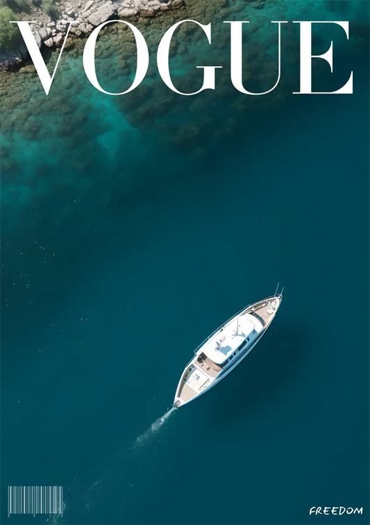 Vogue Cover Wit Zeilboot Bovenaanzicht Turquoise Zee Zomer Vrijheid Canvas Schilderij