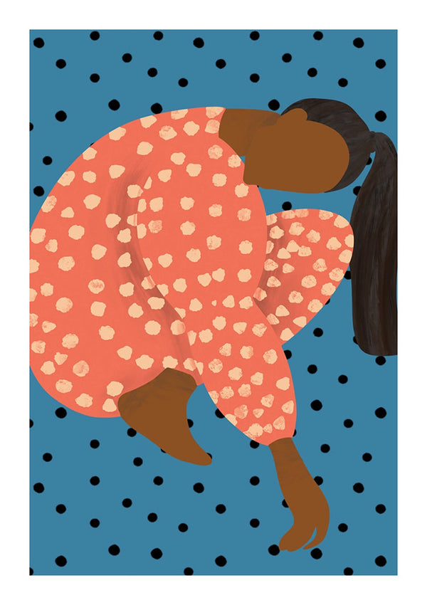 Posing Woman Red Polka Dot Dress Blue Background Graphic Painting