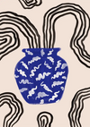 Blue Vase White Motifs Beige Background Black Waves Graphic Painting