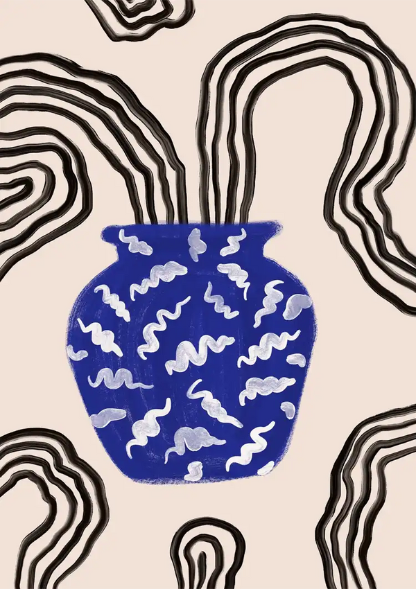 Blue Vase White Motifs Beige Background Black Waves Graphic Painting