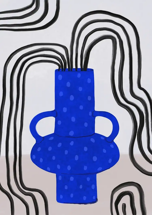 Blauwe gestippelde vaas canvas schilderij in blauw, zwart en wit, abstracte stijl