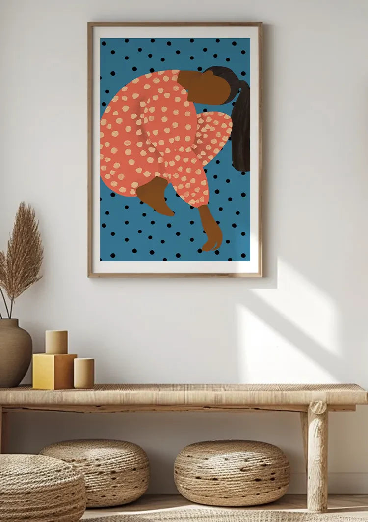 Posing Woman Red Polka Dot Dress Blue Background Graphic Canvas Painting