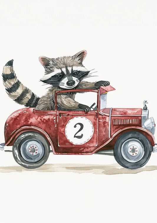 Waschbär in einem roten Rennwagen Leinwandbild in Rot und Braun, Vintage Stil