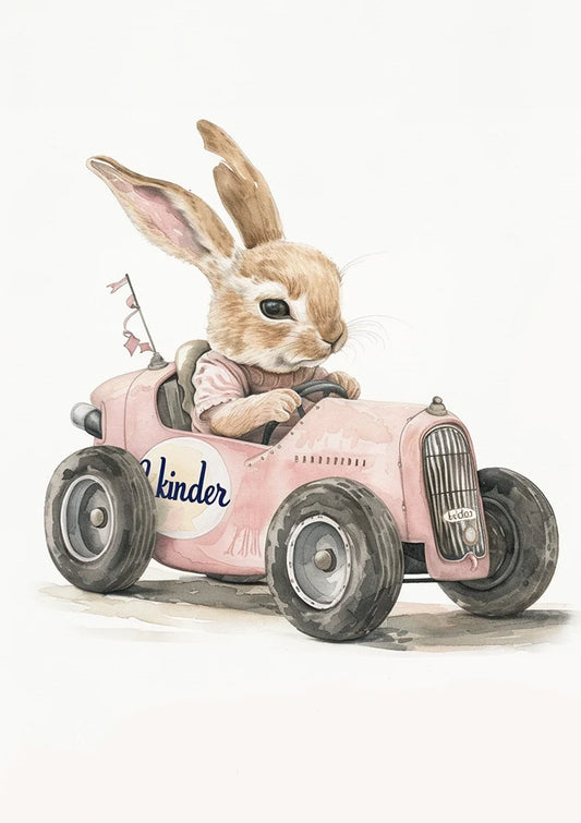 Kaninchen im rosa Vintage Auto Leinwandbild in Rosa- und Beigetönen.