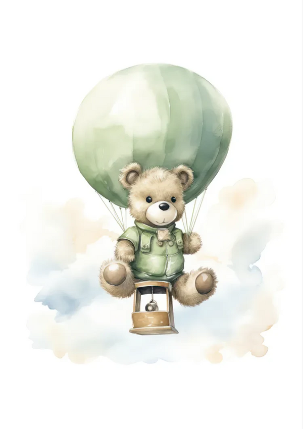 Teddybär Grüner Heißluftballon Aquarell Kinderzimmer Gemälde