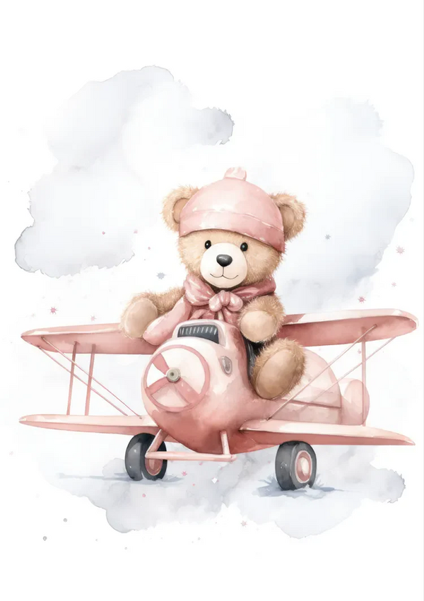 Niedlicher Teddybär Rosa Flugzeug Pilot Kinderzimmer Wandbild