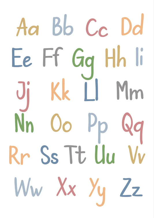 Pastel alphabet canvas painting in soft pastel colours, playful for the children's room.