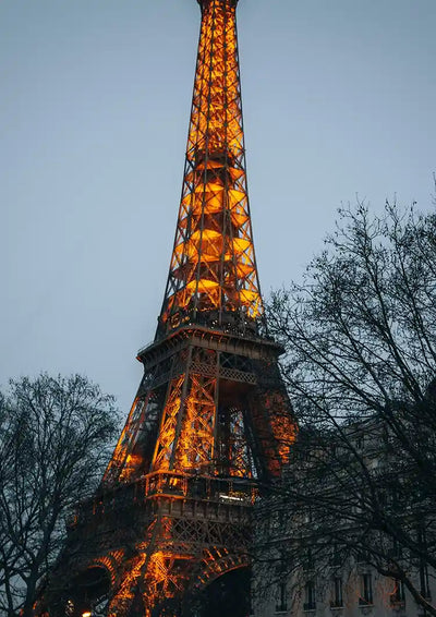 Verlichte Eiffeltoren Parijs Gouden Lichten Blauwe Avondlucht Kale Bomen Canvas Schilderij