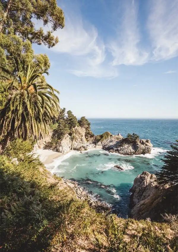 Wilder Küstenabschnitt mit Palmen Wasserfall Türkisfarbene Bucht Gemälde