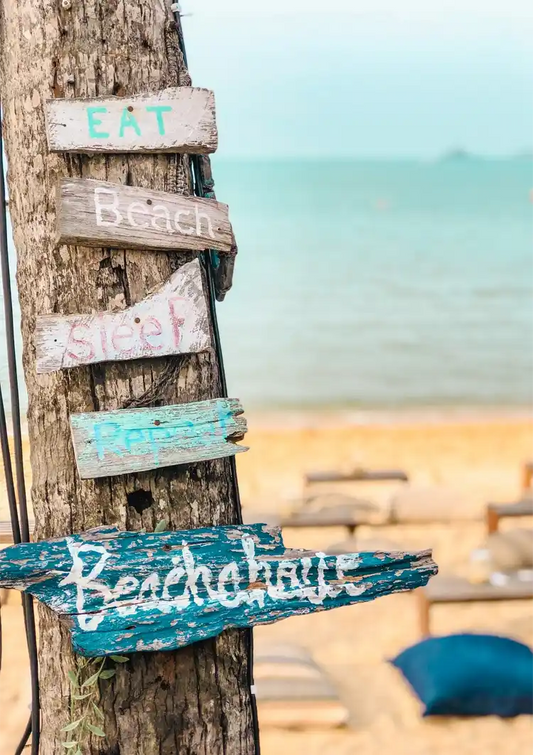 Boom Wegwijzers Strand Turquoise Zee Kustlandschap Canvas Schilderij