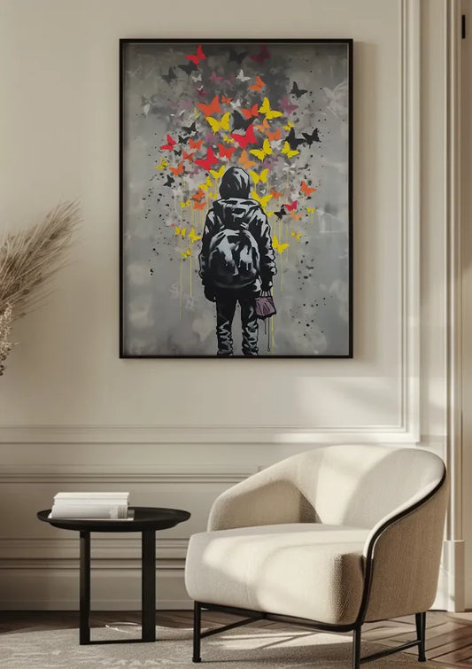 Persoon Met Rugzak Kleurrijke Vlinders Straat Grijs Canvas Schilderij