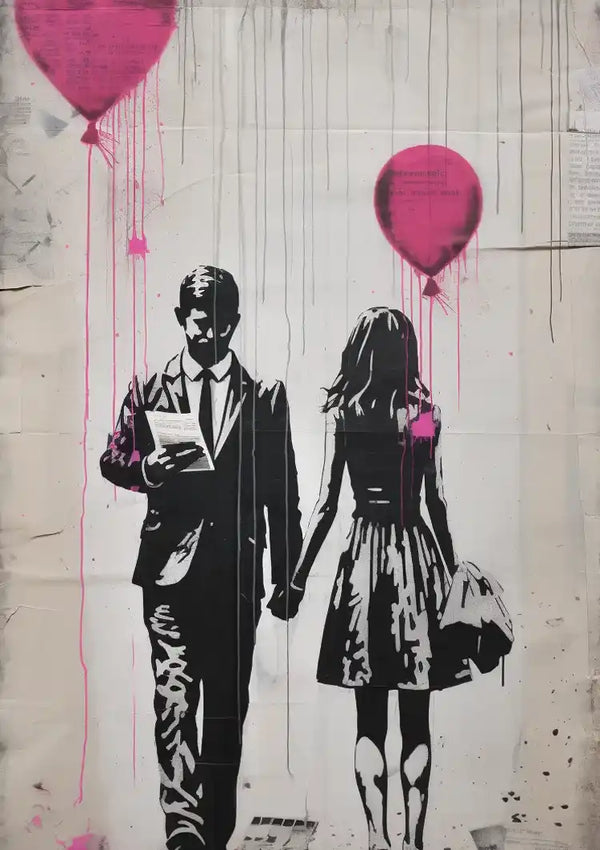 Man and Woman with Pink Balloons Graffiti Street Art Painting