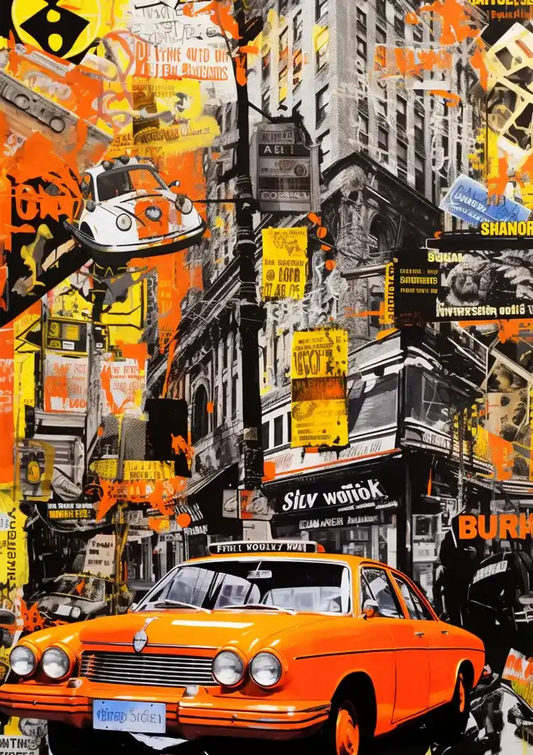 Oranges Vintage-Auto Leinwandbild in einem lebendigen Straßenbild im Pop-Art-Stil