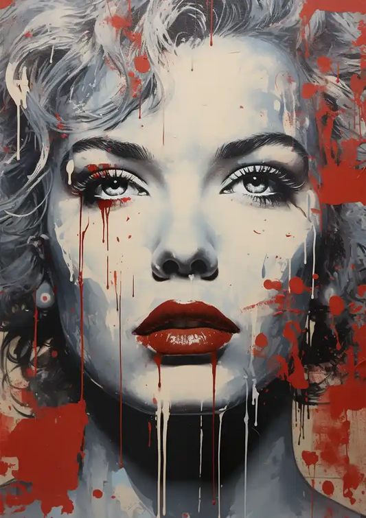 Vrouwenportret met rode lippen canvas schilderij in graffiti straatkunststijl