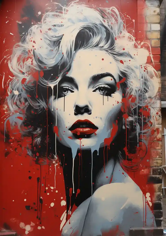 Vrouwenportret met rode lippen canvas schilderij in zwart-wit, pop art stijl