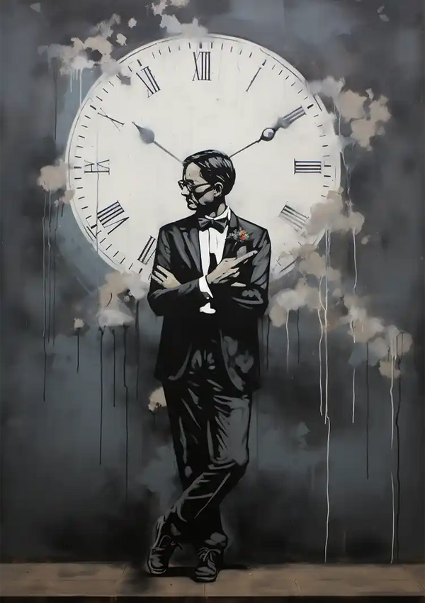 Man in Suit by Big Clock Graffiti Street Art Painting