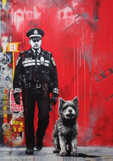 Polizist mit Hund Rotes Graffiti Street Art Leinwandbild