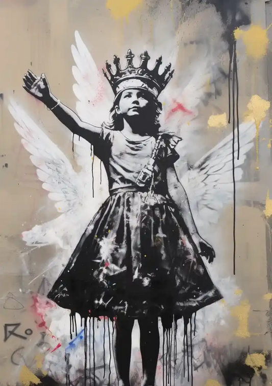 Meisje met kroon en engelenvleugels canvas schilderij in zwart-wit, straatkunststijl