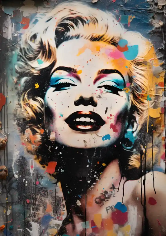 Marilyn Monroe portret canvas schilderij in levendige pop art tinten met rood, blauw en goud