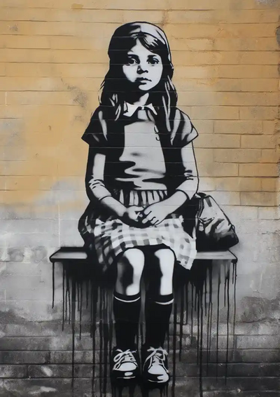 Girl on a Bench Black White Realistic Canvas Painting