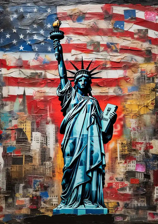 Obraz na płótnie ze Statuą Wolności i amerykańską flagą w żywych kolorach pop art