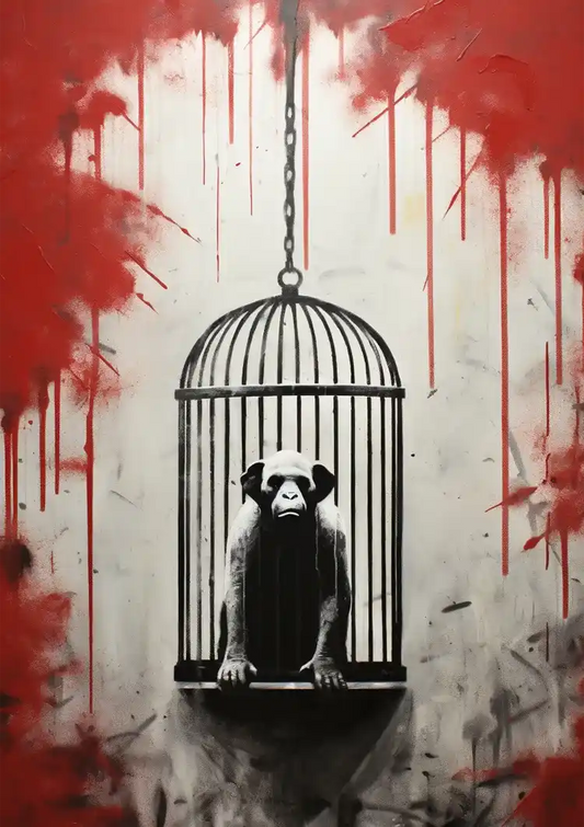 Aap in een hangende kooi met rode verfdruppels canvas schilderij in zwart en wit, streetart stijl