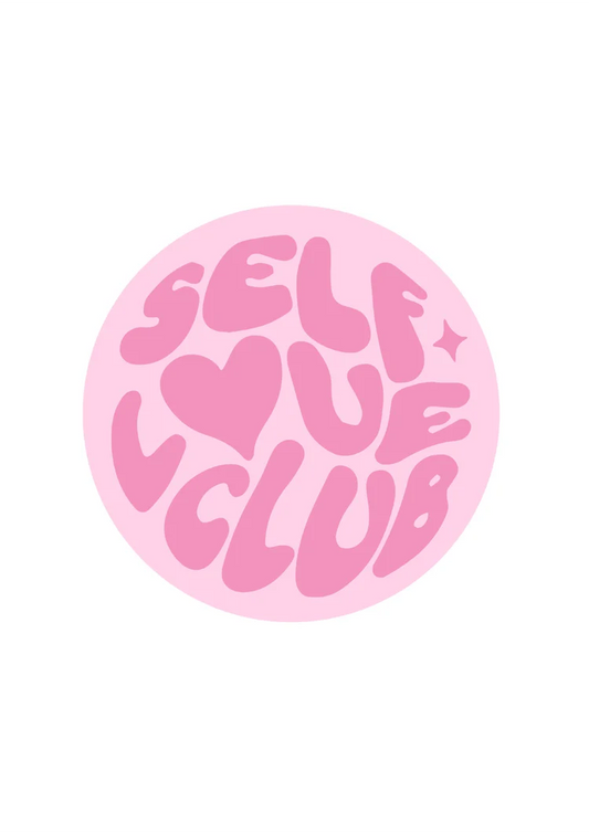 Self love club canvas painting in soft pink, playful circular typography.