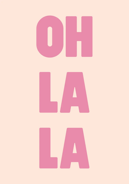 Oh la la text canvas painting in pink on a soft beige background