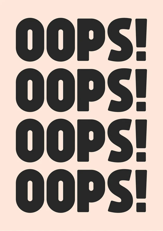 Oops text canvas painting with the word repeated four times in bold black letters on pink