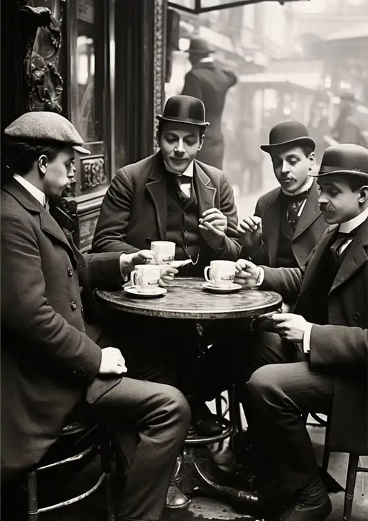 Herren am Tisch im Café Leinwandbild in Schwarz-Weiß im Vintage-Stil