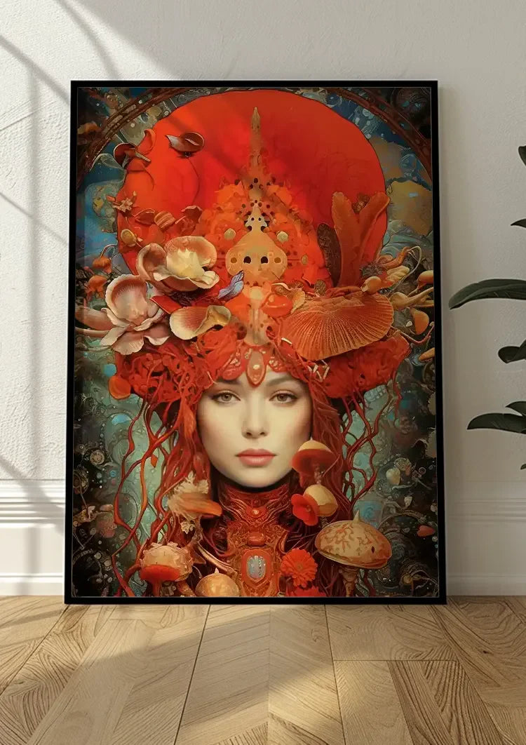 Mushroom Queen Red Headdress Fantasy Woman Portrait Canvas Painting