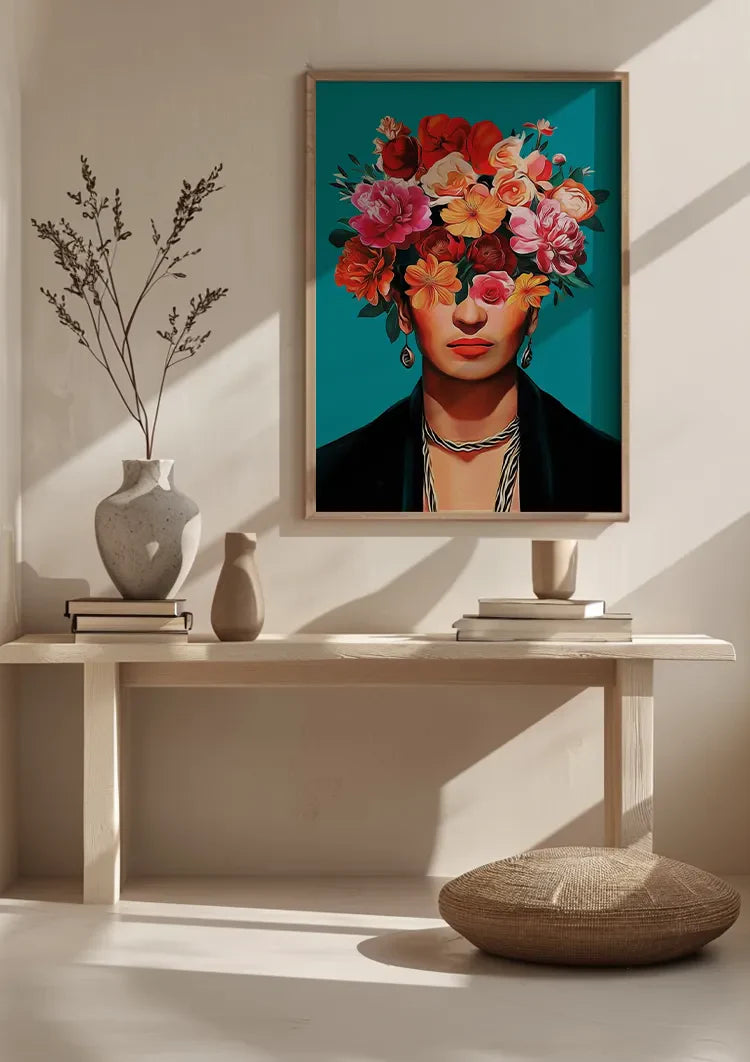 Frau mit farbenfroher Blumenkrone auf türkisfarbenem Hintergrund Leinwandbild