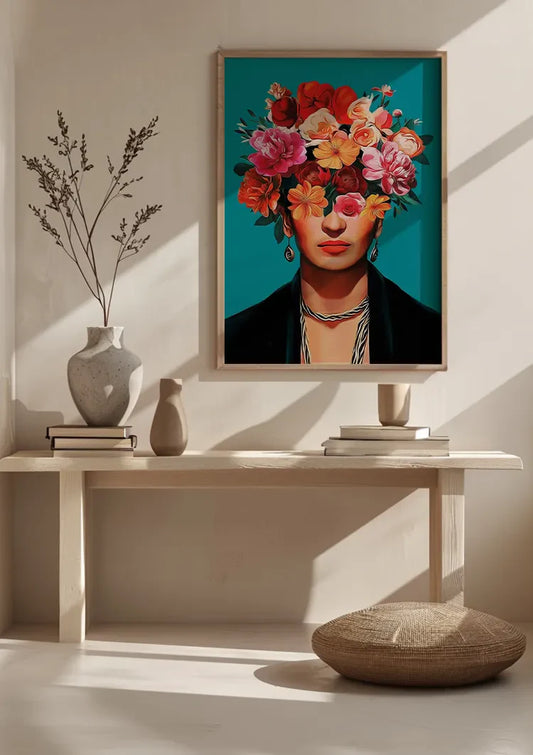 Frau mit buntem Blumenkranz auf türkisfarbenem Hintergrund Gemälde