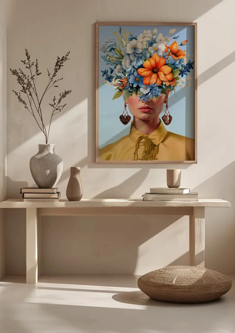 Woman with Blue Orange Flower Crown on Light Blue Background Painting