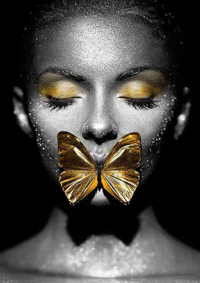 Golden Butterfly Woman Portrait Black White Canvas Painting