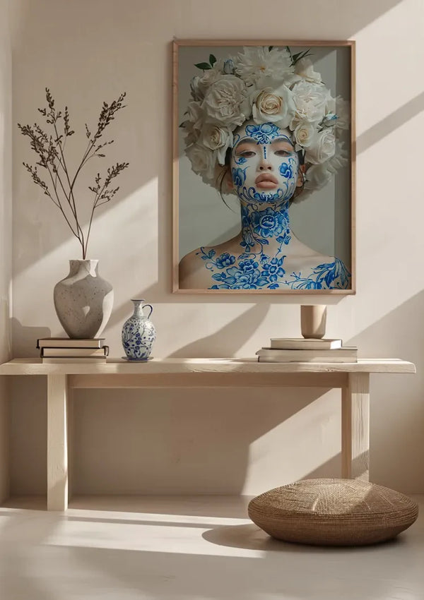 Vrouw Delfts Blauw Gezichtsschildering Witte Rozen Hoofdtooi Schilderij