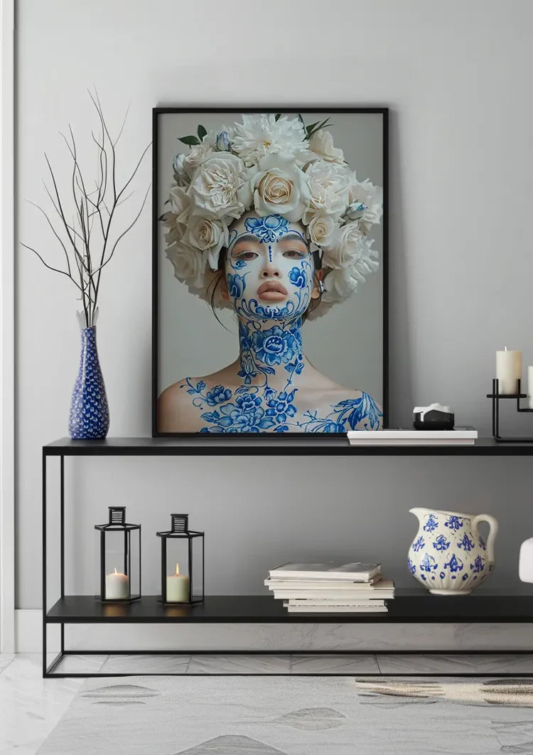 Woman Delft Blue Face Paint White Roses Headdress Canvas Painting