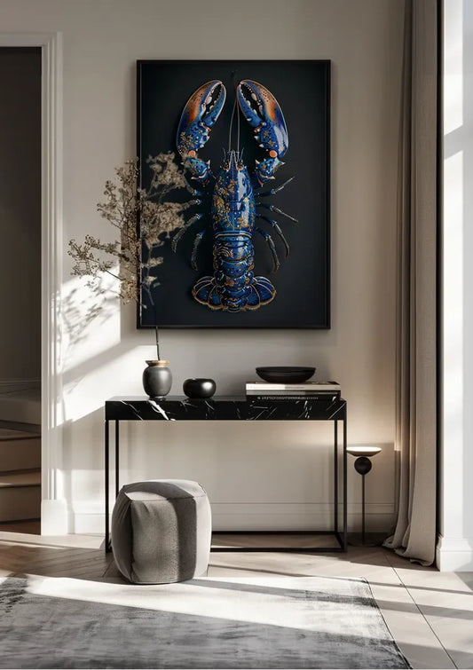 Delfts Blauw Gouden Kreeft Donkere Achtergrond Luxe Detailwerk Canvas Schilderij