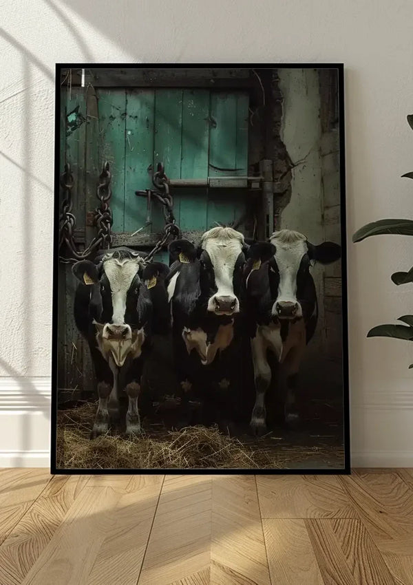 Three Black-and-White Cows Rustic Barn Green Door Dark Painting