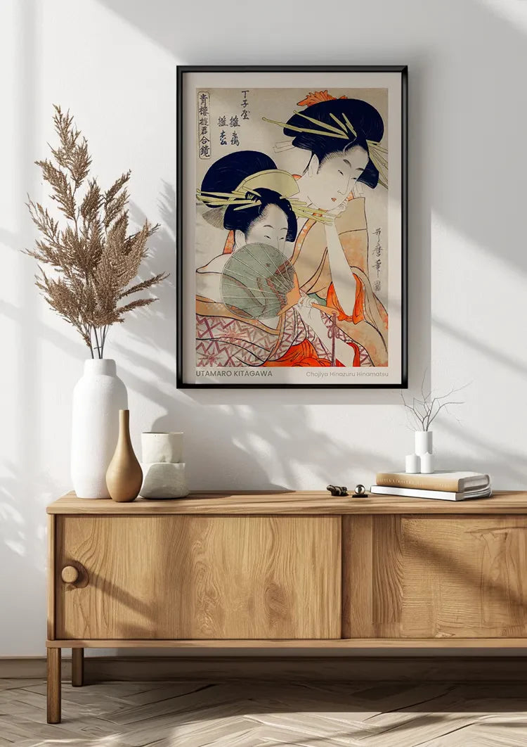 Kitagawa Zwei Frauen Kimono Fächer Japanischer Holzschnitt Leinwandbild